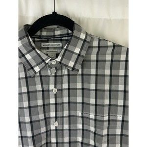 Mens Flannel L Slim Shirt Amazon Essentials Plaid Gray w/ white Long Sleeve New